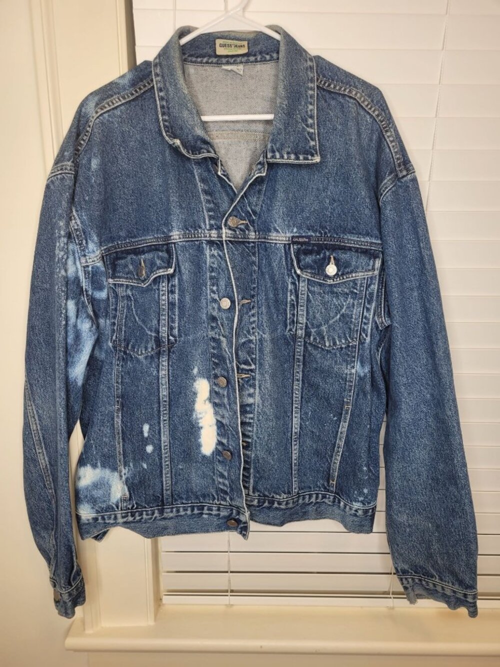 VTG Guess Jeans Distressed Denim Jacket 3XL Trucker Button Thrasher bleach moto